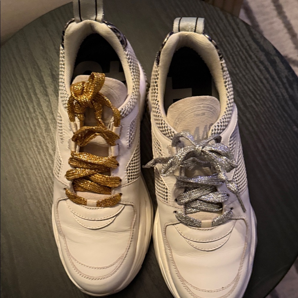 P448 White Sneakers with Gold & Silver Metallic Laces